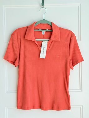 Calvin Klein Coral Ribbed Polo Knit Top